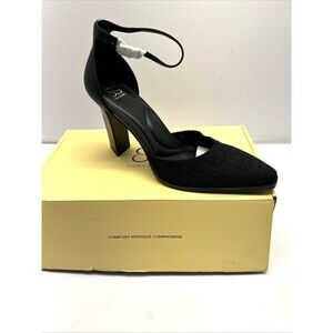 Cozy Island Black Ankle Strap Fabric Pump 4" Block Heel Women SZ 9 New